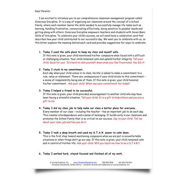 Resource Letter To Parents Conscious Discipline