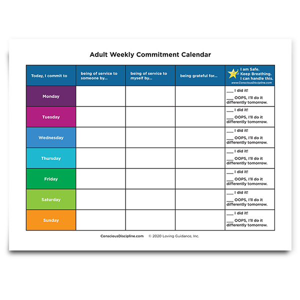 Resource Adult Weekly Commitment Calendar Conscious Discipline